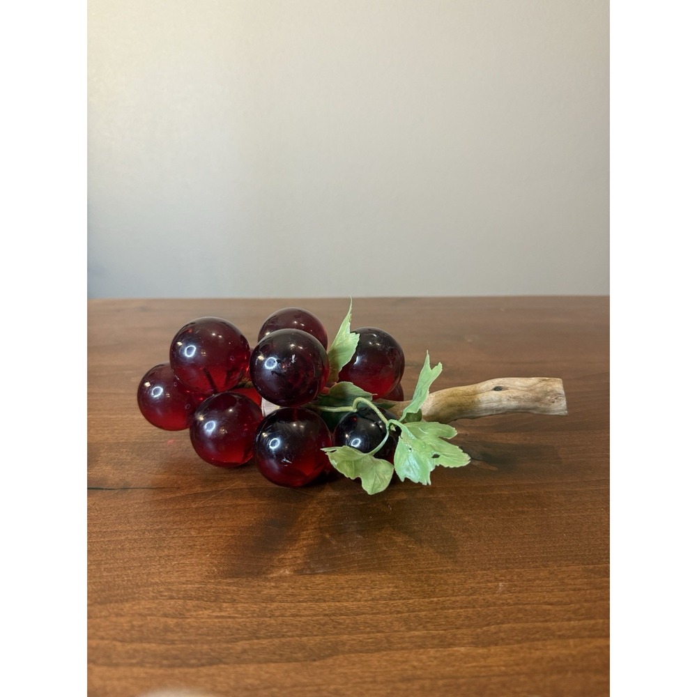 Vintage Red Lucite Acrylic Grape Leaves Cluster with Stem MCM Grape Bunch